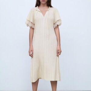 Zara NEW Pointelle Knit Guipure Lace Crochet Midi Dress‎ Cream Ecru Size Small